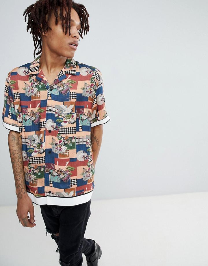 Asos Design Regular Fit Japanese Print Shirt With Rib Collar And Hem With Revere Collar - Pink