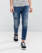 Pull & Bear Slim Jeans With Rips In Dark Blue - Blue