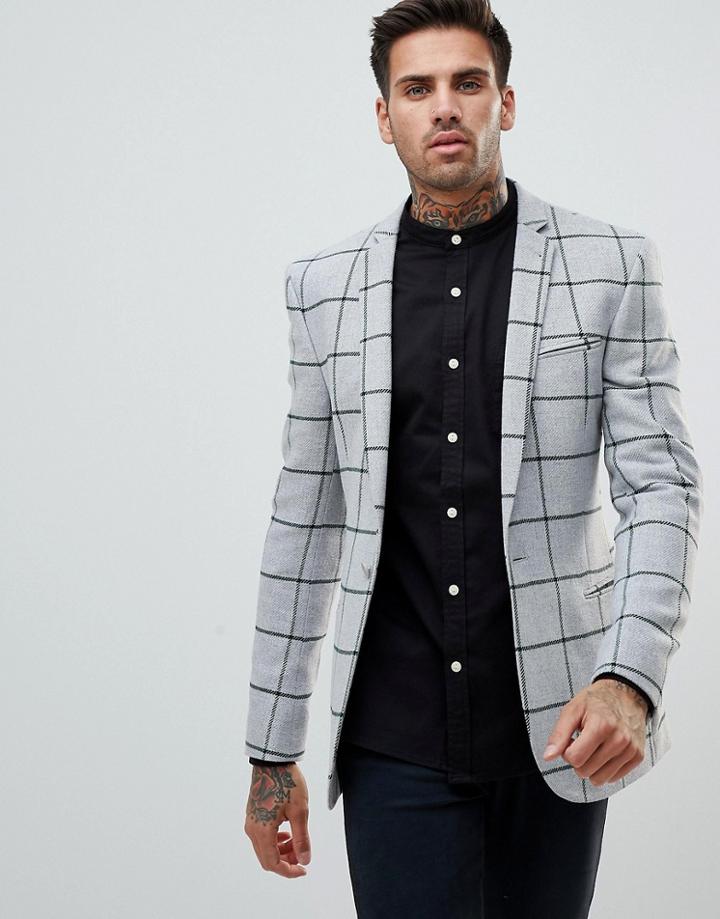 Asos Super Skinny Blazer In Gray Wool Mix With Green Windowpane Check - Gray