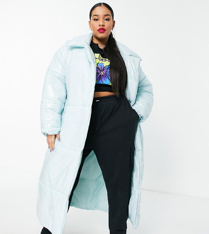 Collusion Plus Longline Padded Blazer Coat In Light Blue-blues