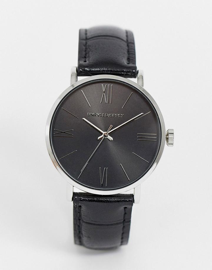 Asos Design Classic Watch With Faux Leather Strap In Black And Silver Tone