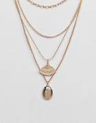 Asos Design Multirow Necklace With Vintage Style Fan And Locket Pendants In Gold - Gold