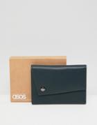 Asos Design Leather Asymmetric Wallet In Dark Green - Green