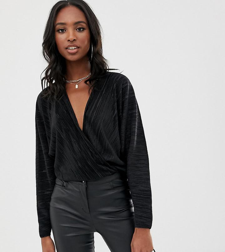 Asos Design Tall Wrap Top In Plisse With Batwing Sleeve-black