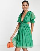 Asos Design Mini Tea Dress In Chiffon With Tiered Skirt And Lace Up Back-green