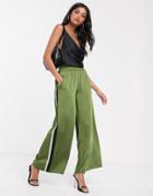 Lost Ink Wide Leg Satin Pants With Side Stripes-green