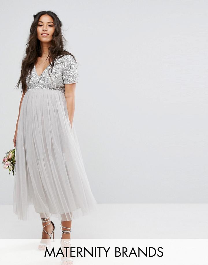 Maya Maternity Cap Sleeve V Neck Midi Dress With Tonal Delicate Sequins - Gray
