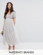 Maya Maternity Cap Sleeve V Neck Midi Dress With Tonal Delicate Sequins - Gray
