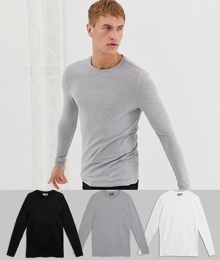 Asos Design 3 Pack Muscle Long Sleeve T-shirt Save-multi