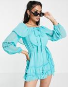 River Island Cutwork Detail Bardot Romper In Bright Blue