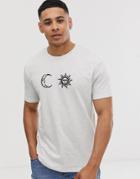 Asos Design Relaxed T-shirt With Moon And Sun Embroidery In White Marl