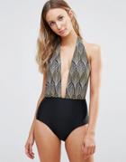 Little Mistress Plunge Swimsuit With Printed Bodice - Black