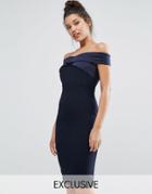 Vesper Structured Pencil Dress With Satin Off Shoulder - Navy