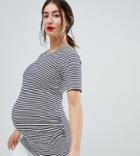 Asos Design Maternity Fitted Longline T-shirt In Stripe With Bump Ruching - Multi