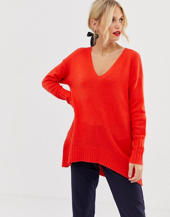 Oasis Oversized Sweater With V Neck In Red - Red