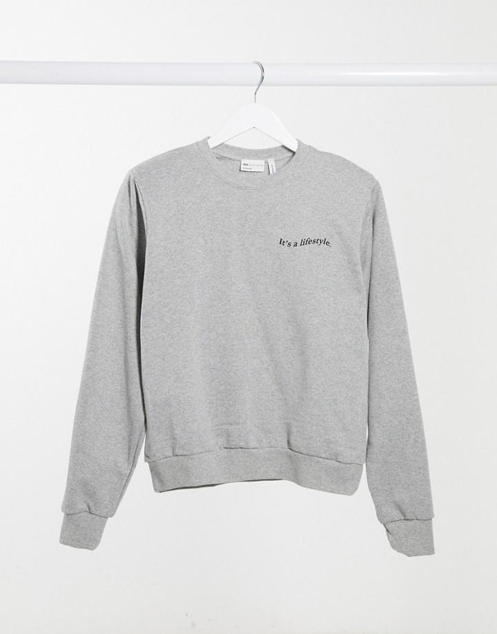 Asos Design Slogan Sweatshirt With Padded Shoulders In Gray Heather-grey