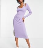 Asos Design Tall Midi Rib Dress With Cut Out Shoulder Detail In Lilac-purple