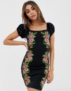 Asos Design Mini Embroidered Bodycon Bardot Sundress - Black