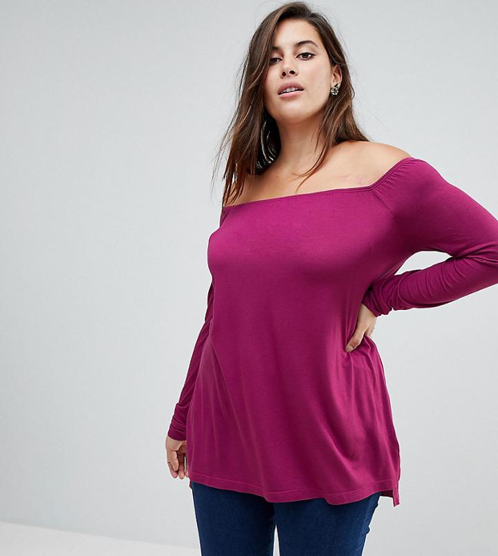 Asos Curve Off Shoulder Top In Slouchy Fit - Pink