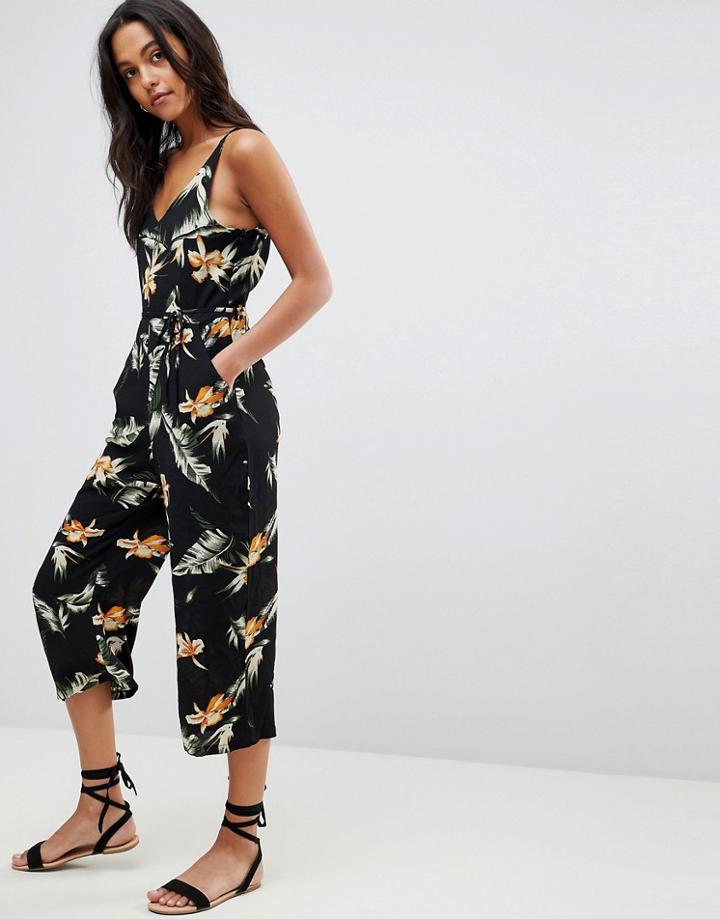 Ax Paris Leaf Print Culotte Jumpsuit - Black