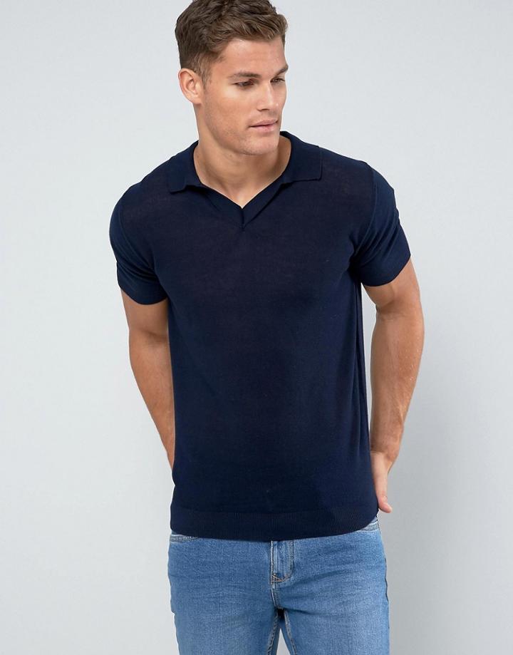 Mango Man Knitted Polo With Revere Collar In Navy - Navy