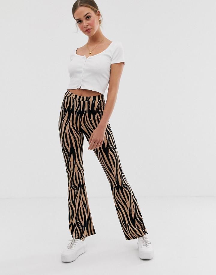 Asos Design Flare Pants In Stone Tiger Print-multi