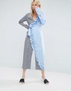 Asos Wrap Jumpsuit In Cotton Stripe With Frill - Multi