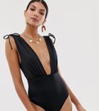 Asos Design Tall Recycled Ruched Shoulder Plunge Swimsuit In Black - Black