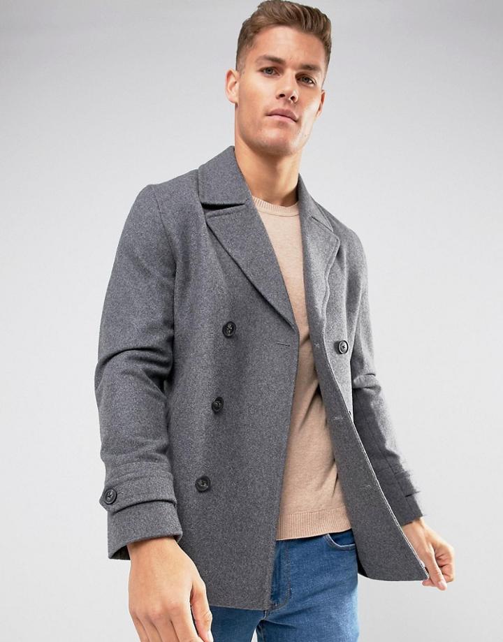 Asos Wool Mix Pea Coat In Light Gray - Gray
