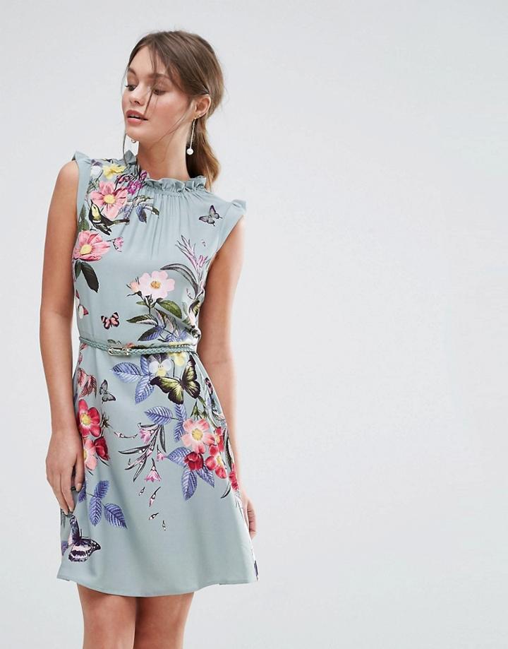 Oasis Floral Placement Print Skater Dress - Green