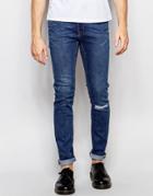 Cheap Monday Jeans Tight Stretch Skinny Fit Surreal Blue Rip Repair Knee Mid Wash - Surreal Blue