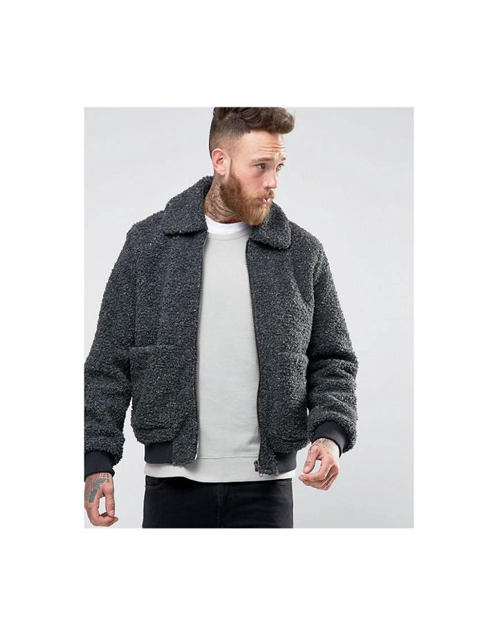 Asos Borg Bomber Jacket In Charcoal Marl - Black