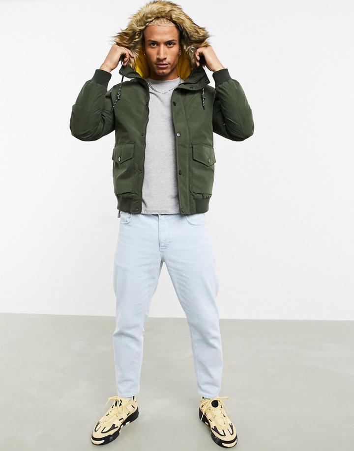Jack & Jones Originals Short Parka With Faux Fur Hood Khaki-green
