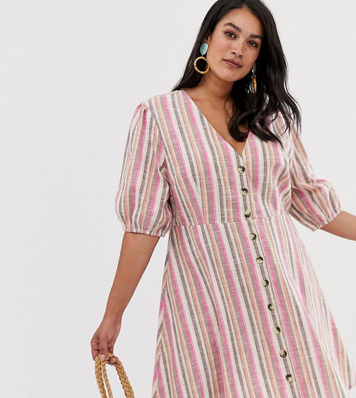 Neon Rose Plus Button Front Tea Dress In Multi Stripe - Multi