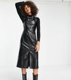 Reclaimed Vintage Inspired Leather Look Midi Pinny Dress With Pockets In Black