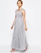 Little Mistress Tulle Maxi Dress With Rhinestone Trim - Gray