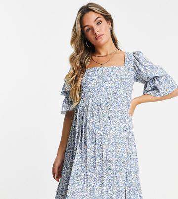 Missguided Maternity Mini Dress With Puff Sleeve In Blue Micro Floral