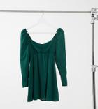 Asos Design Petite Textured Ruched Sweetheart Mini Skater Dress In Forest Green-multi