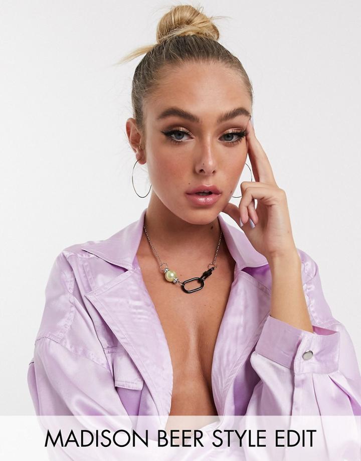 Asos Design Necklace With Hardware Clasp And Pastel Pearl In Silver Tone