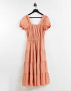 & Other Stories Cotton Tiered Smock Midi Dress With Open Back In Orange - Orange