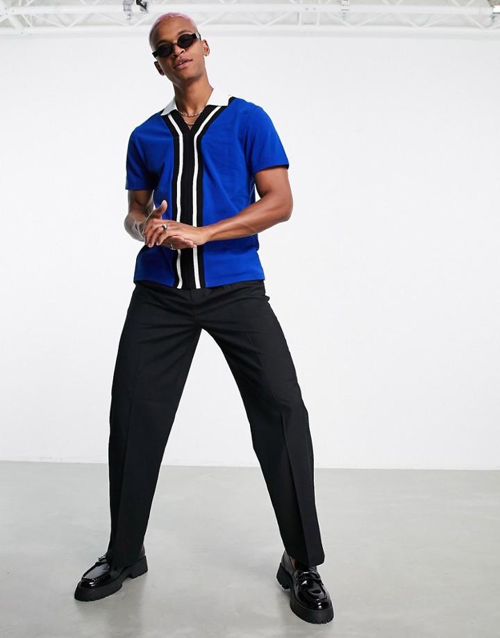 Asos Design Relaxed Polo With Revere In Blue With Black Taping