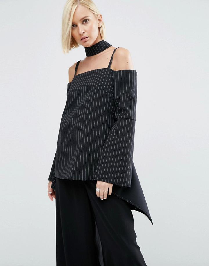 Asos White Pinstripe Choker Top With Cuff Detail - Black