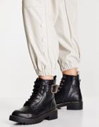New Look Buckle Detail Lace Up Flat Boot In Black