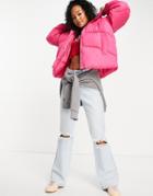 Asos Design Hero Oversized Panelled Puffer Coat With Hood In Pink