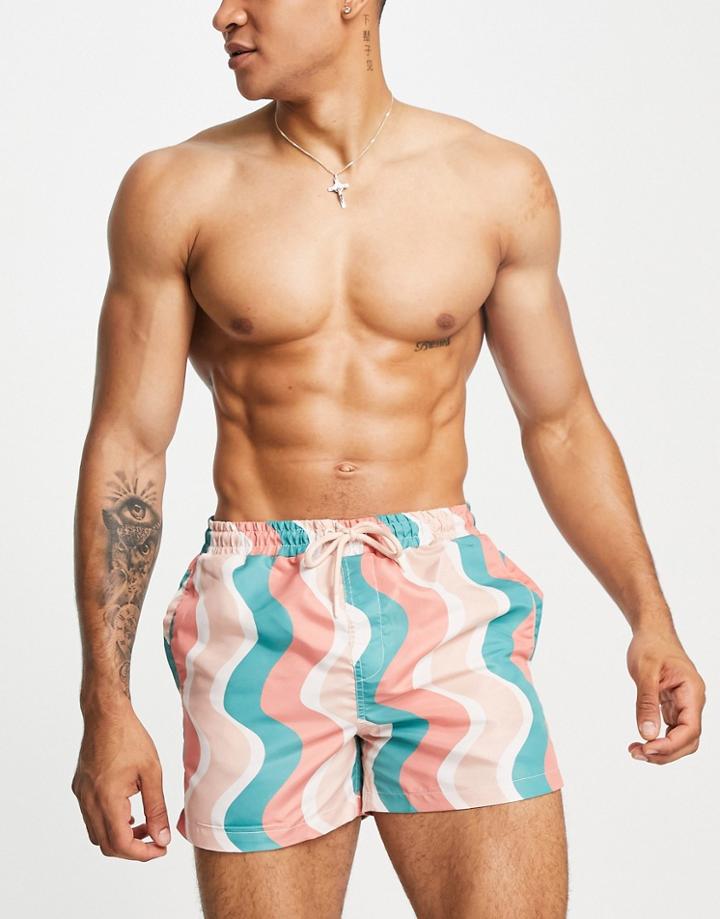 River Island Retro Wavy Stripe Swim Shorts In Orange-multi