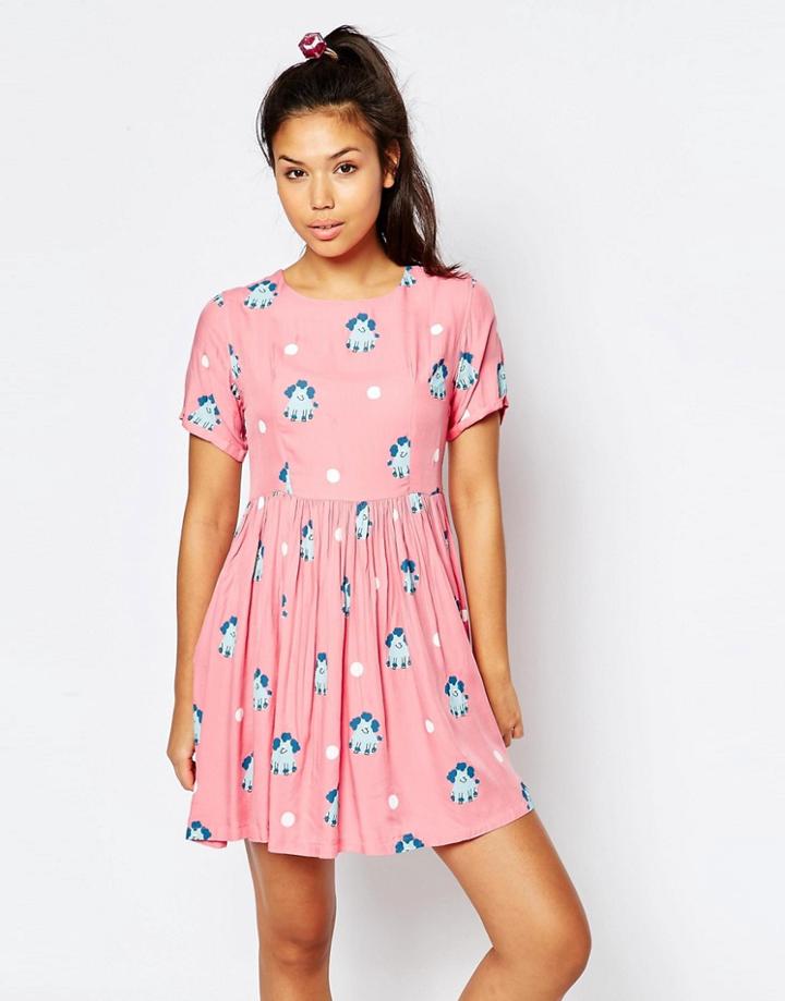 Lazy Oaf Smock Dress In Spot And Poodle Print - Pink
