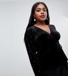 Fashion Union Plus Velvet Wrap Top With All Over Rhinestone - Black