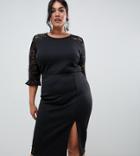 True Violet Plus Scuba Bodycon Dress With Lace Insert In Black