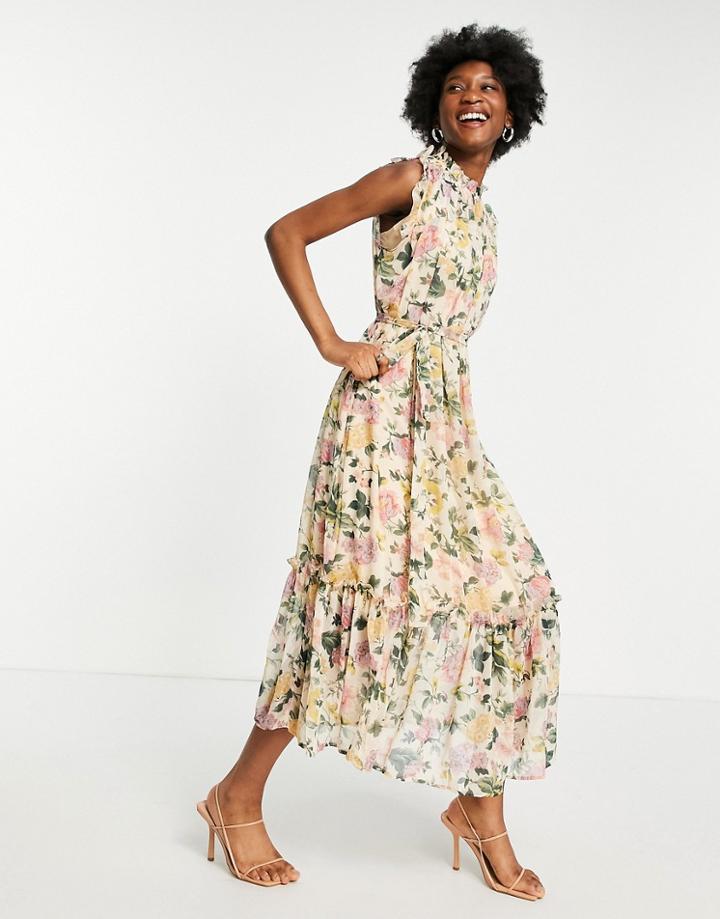 Hope & Ivy High Neck Flutter Sleeve Midaxi Dress In Printed Floral-multi