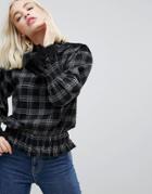 Hazel Checked High Neck Blouse With Fluted Sleeves - Black
